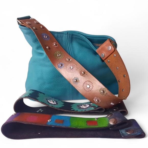 3 Interchangeable Straps KATIE KALSI Handpainted Leather Bucket Shoulder Bag - Picture 1 of 14